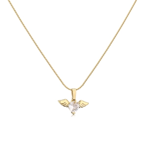 Golden heart necklace with angel wings and clear heart-shaped zircon pendant