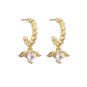 Golden beaded heart pendant earrings with angel wings and clear crystal on white background