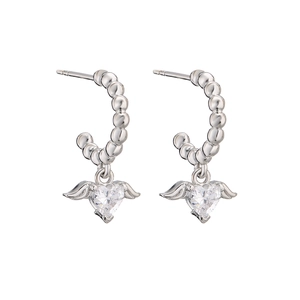 Sparkling angel wing heart earrings set with white zircon in a silver finish