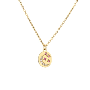 Detalle del colgante dorado con estrella, luna y micro-pavé de circonitas blancas y rosas