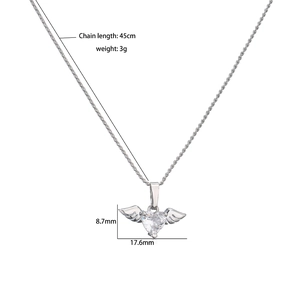 Detailed view of angel wing heart pendant necklace with 45cm chain and size dimensions