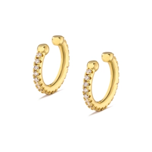 Macro view of gold plated ear cuffs with micro-paved cubic zirconia crystals in a C-shape