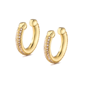 Detailed view of two gold-plated ear cuffs with rows of micro-paved cubic zirconia