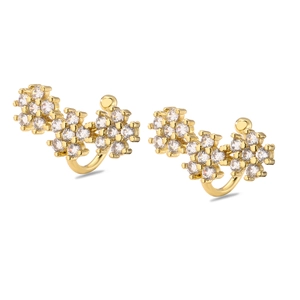 Detailed macro view of gold plated brass flower ear cuff with micro-pave cubic zirconia