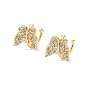 Detail view of gold-plated butterfly ear cuffs with micro-paved white cubic zirconia
