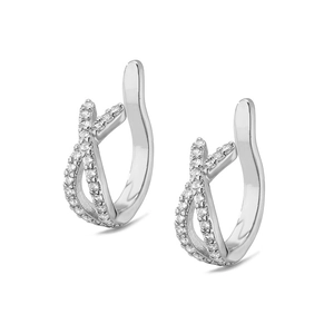 Macro detail of silver-tone crisscross ear cuffs with sparkling micro-pave cubic zirconia