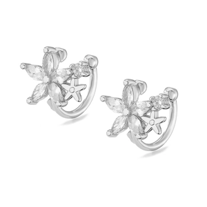 Detail of silver-plated flower ear cuff featuring marquise-cut sparkling zircons