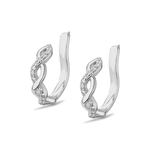 Detailed view of silver J-hoop earrings featuring twisted pavé zircon settings