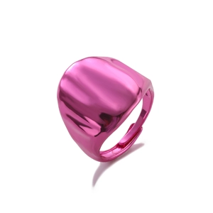 Detailed macro view of fuchsia pink liquid metal open ring with polished mirror finish