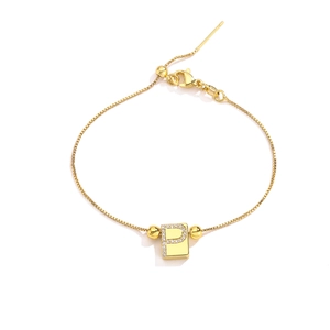 Adjustable gold letter P pendant bracelet with micro-pave cubic zirconia on box chain