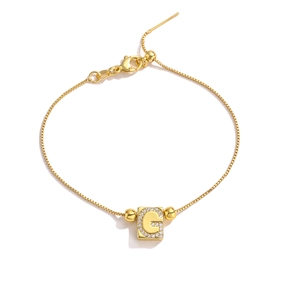 Adjustable gold bracelet with cubic zirconia paved square letter G pendant charm