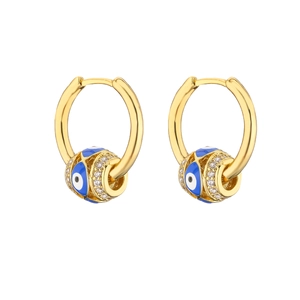 Detail of gold evil eye earrings featuring blue enamel ball and shimmering zircon micro-pave