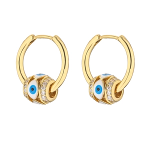 Gold Evil Eye hoop earrings with blue enamel and sparkling micro-pave cubic zirconia stones