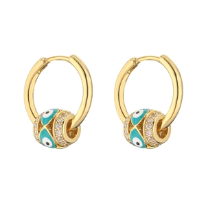 Golden hoop earrings with evil eye bead charm and micro-inlaid cubic zirconia accents