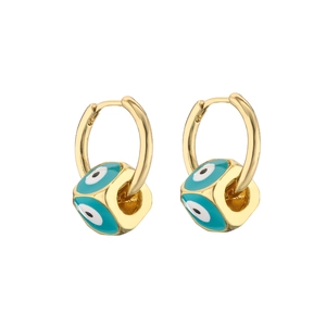 Detailed close-up of gold evil eye cube earrings with blue enamel and micro-pave accents