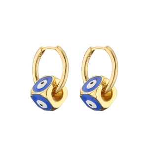 Detail of gold hoop earrings featuring hexagon evil eye charms in blue enamel finish