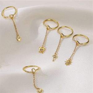 Koperen Verstelbare Kettingring Met Hart Vlinder Sleutel Ster Zon Hanger Strass Minimalistische Sieraden Voor Dames