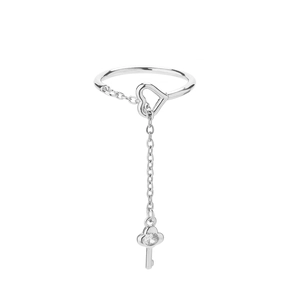 Zilveren verstelbare Y-ring met hartje, ketting en sleutelhanger met zirkonia voor vrouwen