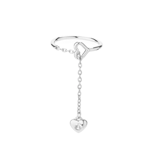 Detail van de zilveren verstelbare Y-ring met hartvormige hanger en zirkonia steen