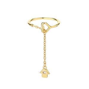 Detail van verstelbare gouden kettingring met hartframe en Hamsa-hand met zirkonia steentje