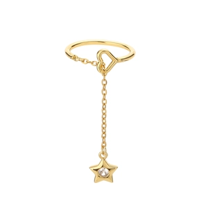 Detail van verstelbare gouden Y-ring met hartschakel en bungelende ster met zirkoon