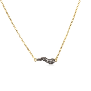 Detail of micro-paved zircon chili pendant with black and gold plating on a thin chain