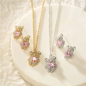 Ensemble de Bijoux Petit Ours en Cuivre Strass Pendentif Cœur Collier Boucles d'Oreilles Cadeau de Mode Doux pour Femmes