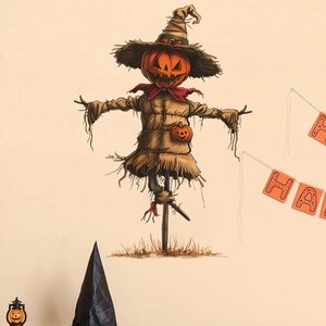 Sticker mural épouvantail citrouille Halloween pour salon avec décoration au style festif