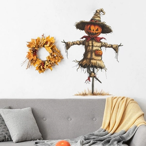 Sticker mural d'Halloween citrouille épouvantail et feuilles d'érable pour le salon