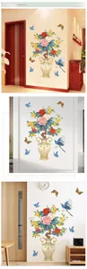 Three-panel view of peony and magpie wall stickers in various home decor scenarios
