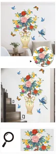 Detail view of Chinese peony flowers and blue bird wall decal in fine artistic style