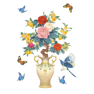 Detail of Chinese style wall decal featuring magpie, peonies, and traditional vase