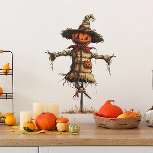 Sticker mural épouvantail citrouille d'Halloween pour salon avec décorations automne