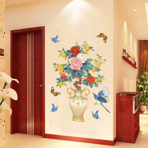 Traditional Chinese style wall sticker with magpie peonies and ceramic vase for home decor