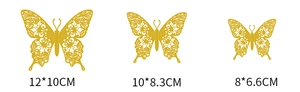 Detailed view of three gold 3D hollow butterfly wall stickers in varied sizes