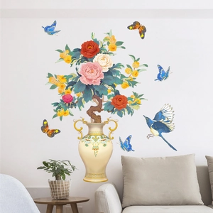 Traditional Chinese vase wall decal with peonies, birds, and butterflies for living room