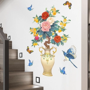Chinese style magpie and peony flower vase wall sticker for living room decoration