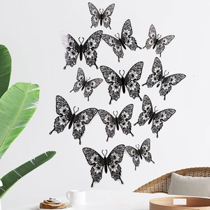 Detailed 3D hollow butterfly wall stickers with intricate floral patterns for home decor