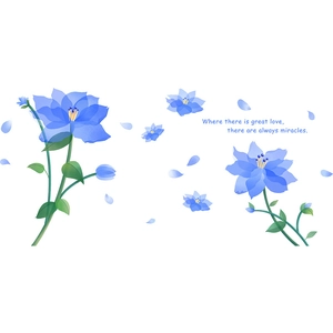 Detail of blue watercolor floral wall decal with romantic quote and soft flower petals