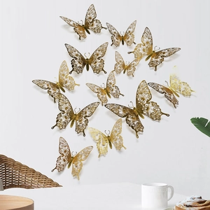 Detailed laser-cut hollow golden butterfly wall stickers in a set of 12 for home decoration