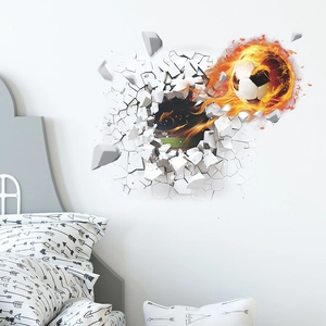 3D Flaming Soccer Wall Sticker Broken Wall Effect PVC Removable Self Adhesive Mural For Kids Room Bedroom Sports Home Decor