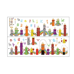 Détail de stickers muraux alphabet avec 26 lettres et crayons colorés animés