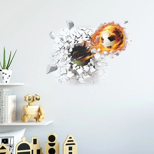 3D flaming football breaking through wall sticker for kids room sports home decor