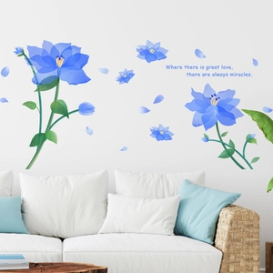 Romantic hand-painted blue flower wall stickers with inspirational quote on white wall