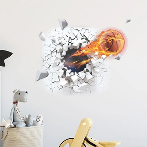 3D flaming basketball wall decal crashing through wall for kids bedroom decor