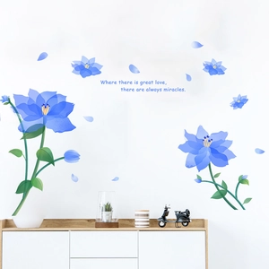 Romantic hand-painted blue floral wall sticker with inspirational English quote for living room