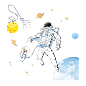 Detail of space dog and astronaut wall sticker with planet elements and vacuum cleaner