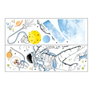 Space wall stickers layout featuring astronaut dog, Saturn, and blue planets for kids room
