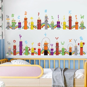 Stickers Muraux Alphabet Crayon Dessin Animé pour Chambre d'Enfant PVC Stickers DIY ABC Décoration de Maison et Classe