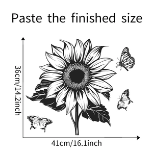 Detailansicht der Wandtattoo-Maße mit Sonnenblume und Schmetterlingen für Deko